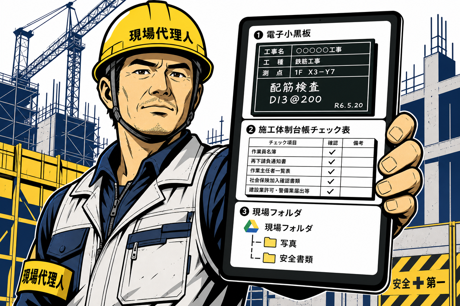 ヘルメットの現場代理人がタブレットで電子小黒板・施工体制台帳・現場フォルダを確認している様子