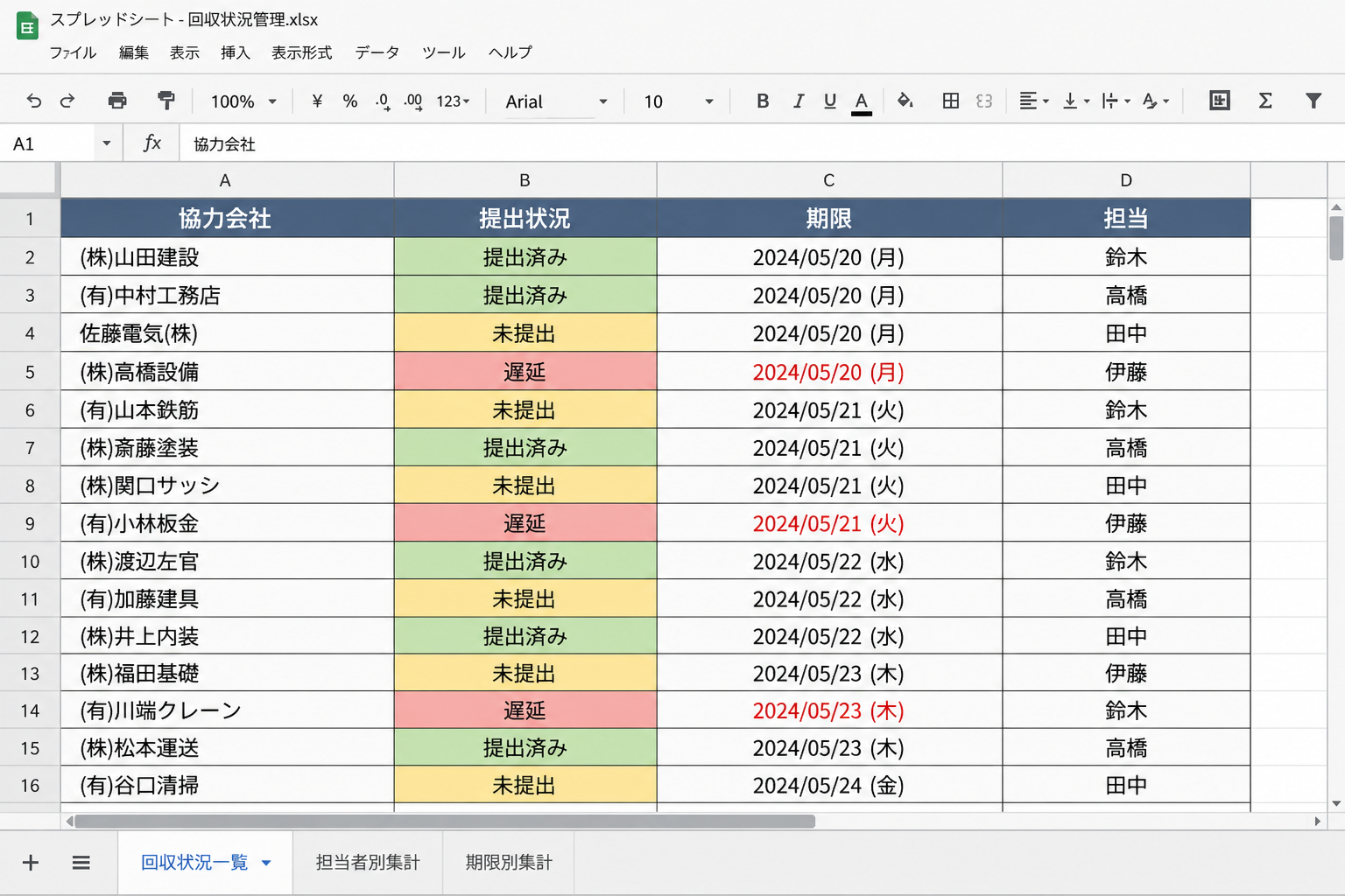 提出状況の回収管理表画面イメージ